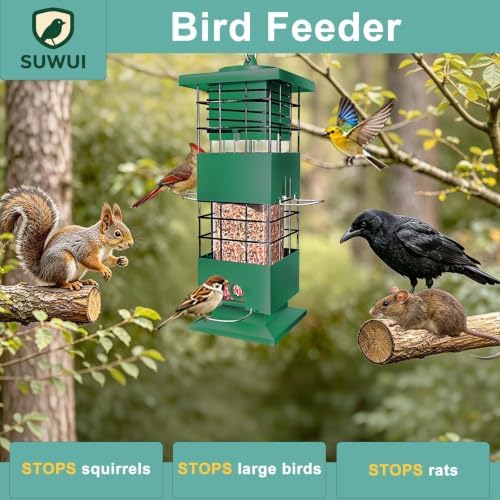 Squirrel Proof Bird Feeder, 3.5Lb Capacity Metal Bird Feeders for Outdoors Hanging, All-Weather Weight Activated Tube BirdFeeder with 4 Ports for Outside,Pigeon Resistant,Easy to Clean & Refill(Green)
