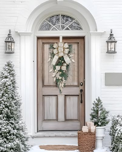 Christmas Teardrop Swag for Front Door with Ornaments, Berries, Bow, 27.5" Christmas Swag Wreath for Stair Window Wall Mantel, Artificial Xmas Swags Garland for Winter Holiday Decorations, Champagne