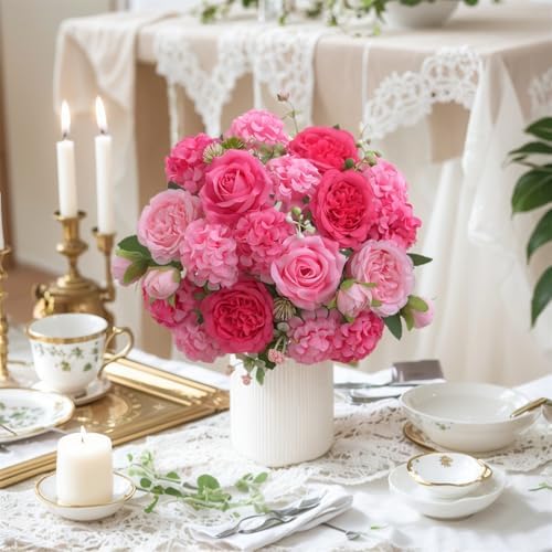 4 Pcs Mixed Artificial Peony Flowers Set-2 Bouquets & 2 Stems, Small Pink Fake Peony Rose Hydrangea Flowers for Vase Silk Floral Arrangements for Table Centerpiece Home Wedding Party Bridal Decoration