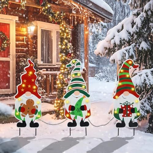 WONDER GARDEN 3 PCS Christmas Gnomes Yard Signs Stake with LED Light Decor