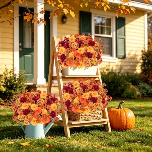 12 PCS Artificial Fall Flowers for Outdoors, UV Resistant Fake Mums