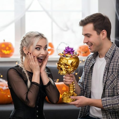 Skull Planter Spine Gothic Vase - Gold Spinal Skull Candy Bowl, Horror 11.6" Halloween Flower Vase Goth Decor, Spooky Home Decor Skeleton Planter Pot, Candle Holder, Spooky Gifts For Women, Girlfriend