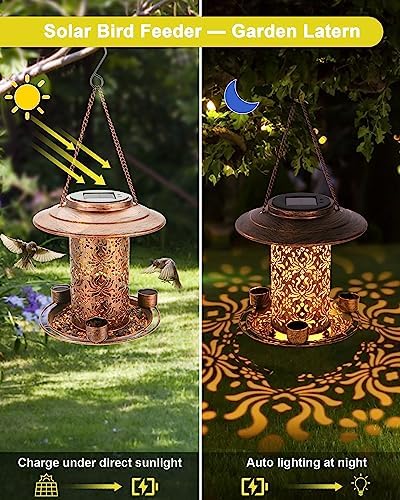 Solar Bird Feeders for Outdoors, Metal Hanging Bird Feeder with 3 Water Cups,Rust Resistant, Solar Garden Lantern for Outdoors Decor,The Perfect Choice for Gift(2.5LB)