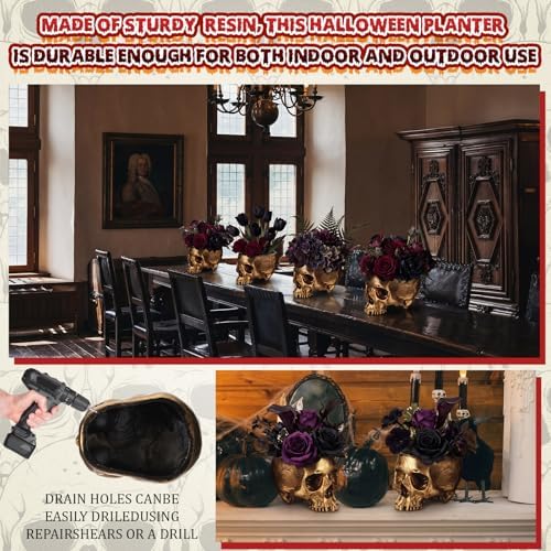 1 Pack Halloween Skull Planter, Gold, Retro