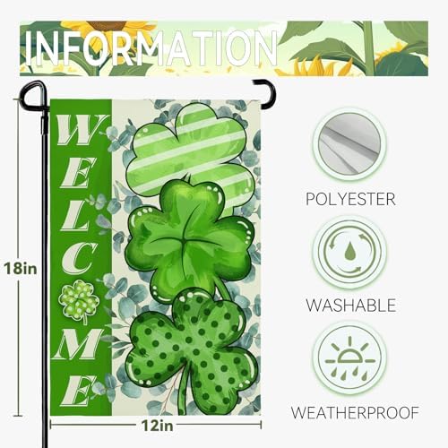 St Patricks Day Garden Flag 12x18 Inch Green Shamrock Garden Flags for Outside Welcome St.Patrick's Day Yard Flags Outdoor Holiday Decor for Graden Lawn Double Sided