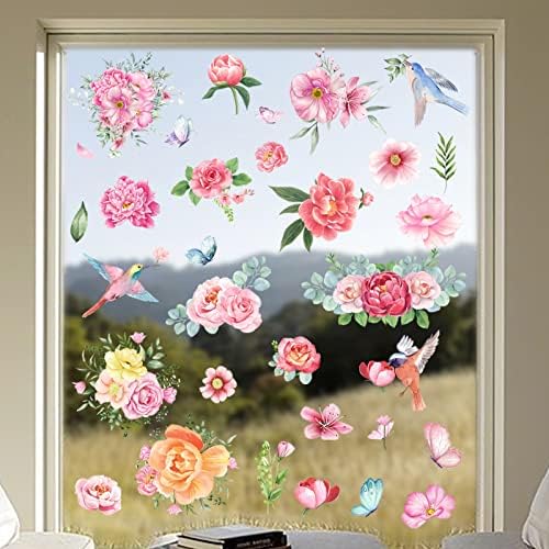 79 PCS Spring Window Clings,Spring Flower Window Clings for Glass Windows,Double-Sided Birds Floral Butterfly Window Stickers for Spring Decor (9 Sheets)