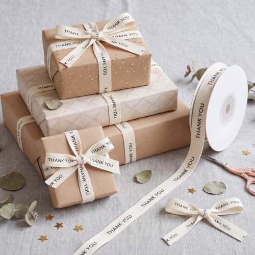 Wavwavw 20 Yards Thank You Cotton Ribbon, Natural 5/8 Inch 100% Cotton Herringbone Twill Ribbon for Crafts Gift Wrapping Holiday Birthday Decorations, 2 Rolls