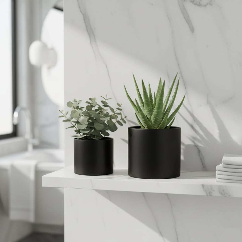 Nihow Ceramic Plant Pots with Drainage for Indoor Plants, 5 & 7 Inch,Black | Cylinder Shape, For Indoor Plants