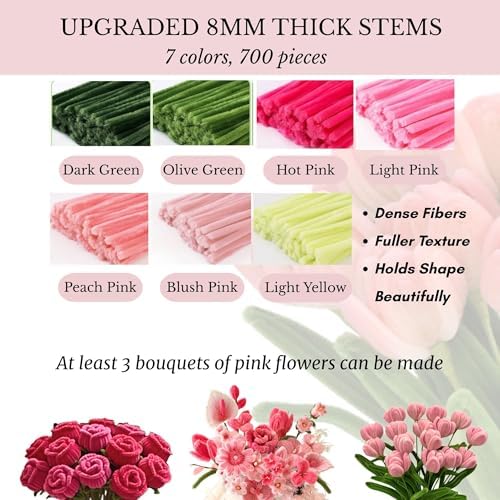 Pipe Cleaner Flower Kit, 700 PCS Chenille Stems in 7 Colors, Tools Included