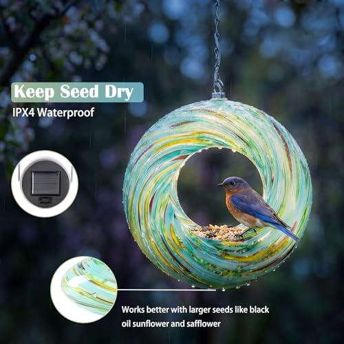 Yinns Glass Bird Feeder Outside, Hanging Solar Birdfeeder for Garden Decor