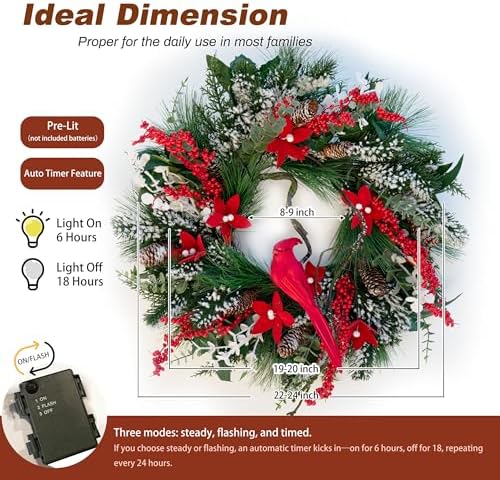 Christmas Wreath with Lights, Soomeir 24 Inch Lighted Christmas Wreaths for Front Door with Pine Needles and Berries, Large Prelit Wreath for Holiday Winter Window Outdoor Indoor Xmas