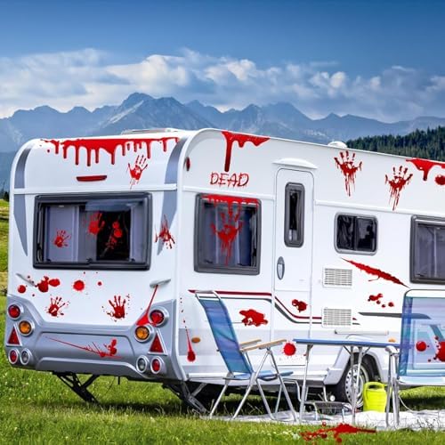 136Pcs Halloween Decorations Indoor, Scary Bloody Handprints Wall Decals Pumpkin Eyeballs Skull Window Stickers with Tattoos for Home Bedroom Floor Bathroom Door Decor (Red Handprints Footprints)