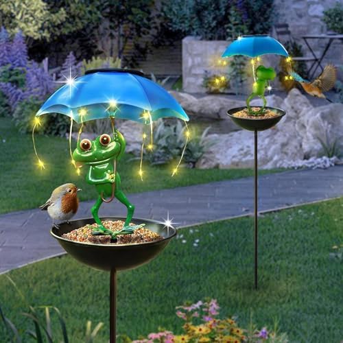 Solar Bird Feeder Frog Garden Decor, Outdoor Solar Lights Frog Figurine Lights with Umbrella, Hummingbird Feeder Decorative Path Lights Gardening Gifts for Women, Yard Art Ornament Bird Feeder