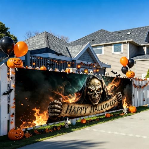 118"x35" Extra Large Happy Halloween Banner Big Spooky Halloween Backdrop for Giant Outdoor Yard Easy Hang with Ropes&Grommets–Perfect for Fence, Porch, Garden, Haunted House Party Signs (Fiery Skeleton, 118"x35")