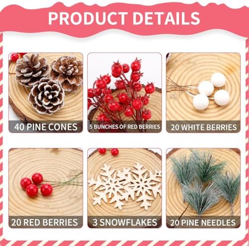 108 Pcs Christmas Ornaments Pine Cones Berry Pine Branch Set Xmas Decorations for Home, Pinecones for Crafts Vase Filler Wreath Christmas Table Decor