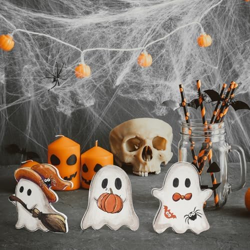 Smile 3 Pcs Wooden Blocks Signs, Happy Halloween Ghost Indoor Decor