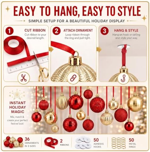 36 Pcs Christmas Balls Ornaments for Ceiling, Red, Gold