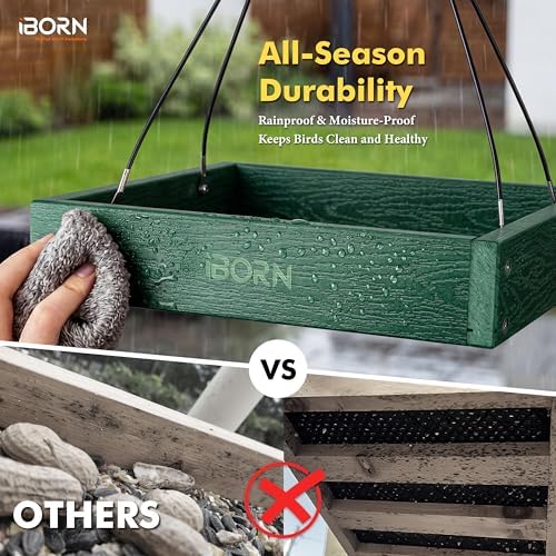 iBorn Platform Bird Feeder Tray Bird Feeders for Outdoors Hanging for Outside Flat Birdfeeder Tray with Large Capacity 3LBS, WPC Recycled Plastic & Cedar Look, Waterproof, 10.6"x10.6", Green