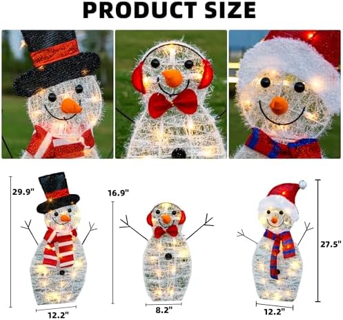 TW SHINE Lighted Christmas Snowman Outdoor Decoration, 3-Piece Pre-Lit 2D Snowman Family Set with 55 Warm White Lights, Christmas Yard Decorations for Patio Lawn Garden Decor, 29.9X12.2Inch-Large