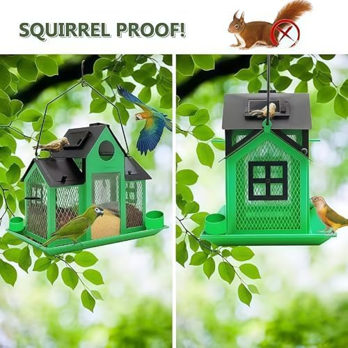 Solar Bird Feeders House for Outside Hanging, Metal Wild Bird Feeder for Outdoors Large Capacity Cardinal Birdfeeder Birdhouses Metal Bird Feeding Station Green