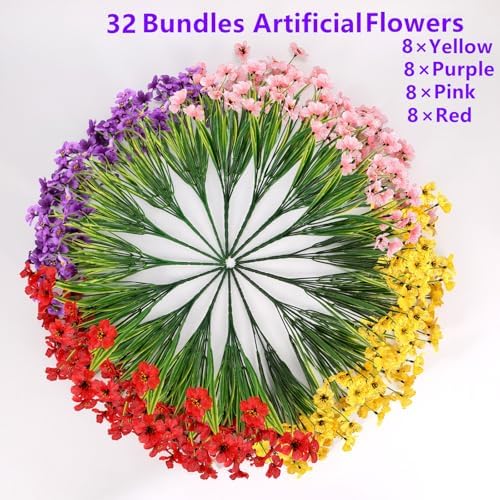 Geegoods 32 Bundles Artificial Mums Flowers for Outdoors, Mix 4 Colors