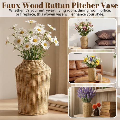 Faux Rattan Vase Wicker Vase Country Style, No Handle, 11" h
