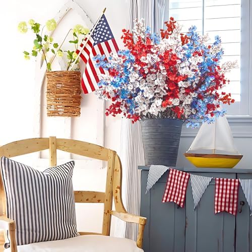 Uieke 6Pcs 4th of July Artificial Flowers Fake Patriotic Babys Breath Flowers for Independence Day Decor Blue White Red Silk Flowers for Memorial Day Floral Arrangement Home
