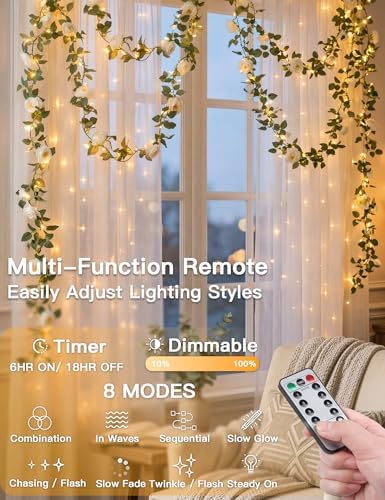 suddus 60LED Garland with White Camellia Lights Battery Operated Clear Wire