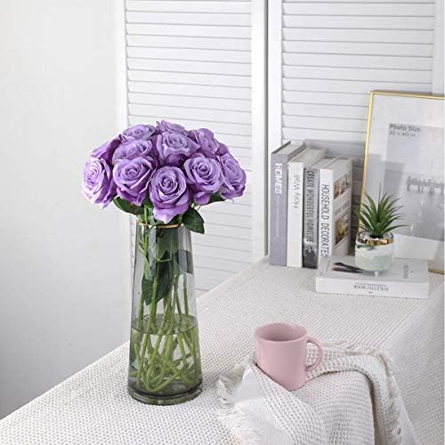 10pcs light Purple Roses Artificial Flowers, Realistic Faux Rose with Stem