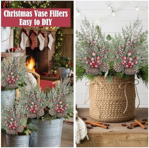 2 Pcs Christmas Artificial Pine Branches 21.2 inch Cedar Pine Stems Christmas Greenery Picks with Red Berries Pinecones Picks Spray Snowy Christmas Tree Branches for Xmas Vase DIY Craft Holiday Decor