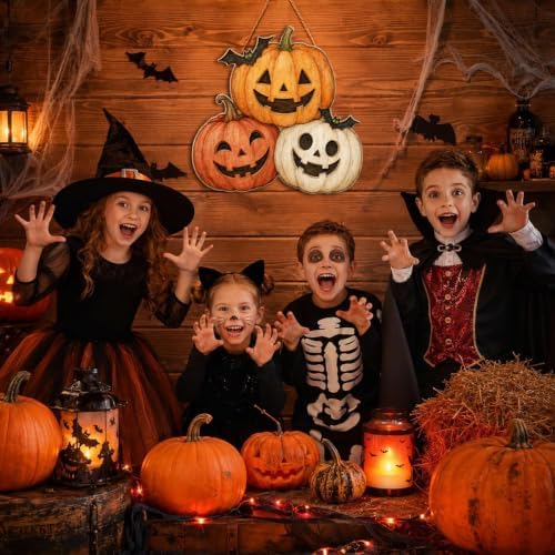 Halloween Wreaths for Front Door, Wooden Triple Pumpkin Bat Hanging Sign