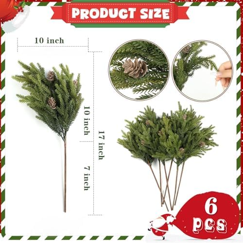 6 Pcs Full Realistic Greenery Christmas Pine Branches Stems with Pine Cones