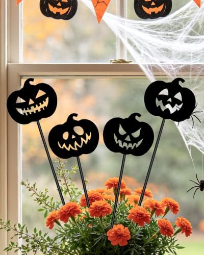 Halloween Decorative Garden Stakes, 4 Pcs Metal Ghost Silhouette Yard Signs for Flower Pot Planter, Outdoor Halloween Patio Lawn Decor