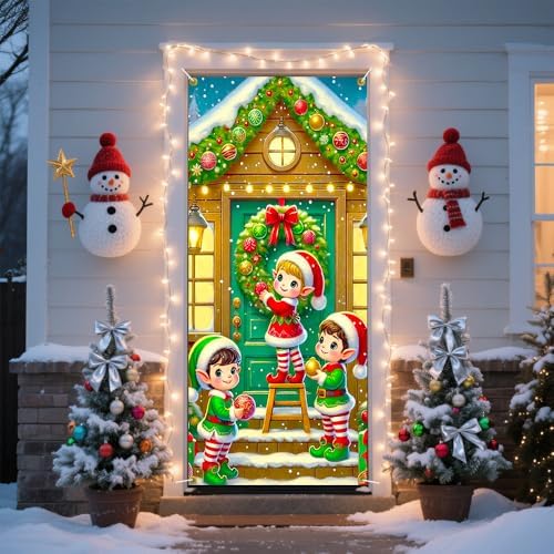 Elf Trio A-Frame Cabin Snowy Christmas Door Cover 35x71in