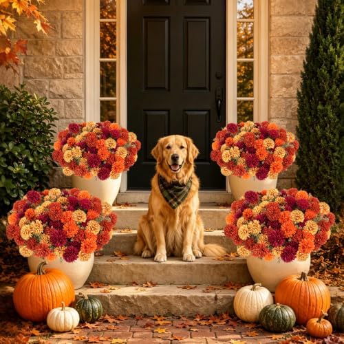 12 PCS Artificial Fall Flowers for Outdoors, UV Resistant Fake Mums