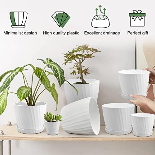 YNNICO 7 pcs Plant Pots with Drainage Holes and Saucers, Indoor Planters, Set of 7 (7.5, 7, 6.5, 6, 5.5, 4.5, 3.5 Inches), White