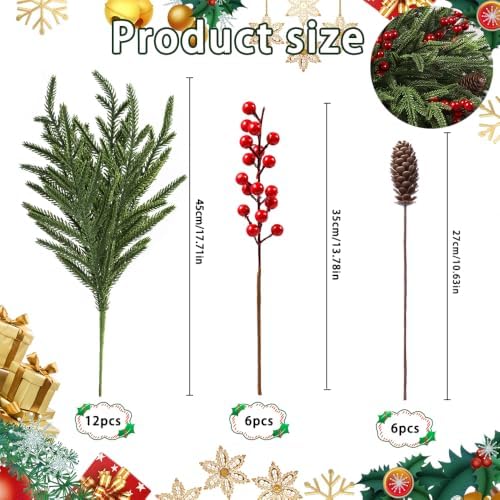 JOICEE 24Pcs Real Touch Norfolk Pine Branches with Pinecones Red Berries