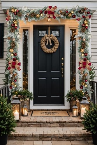 Christmas Garland for Front Door, 6 Foot Artificial Unlit Winter Garland with Pine Cones, Berry Clusters, Burgundy Ball Ornaments and Ribbon for Thanksgiving Holiday Christmas Decoration