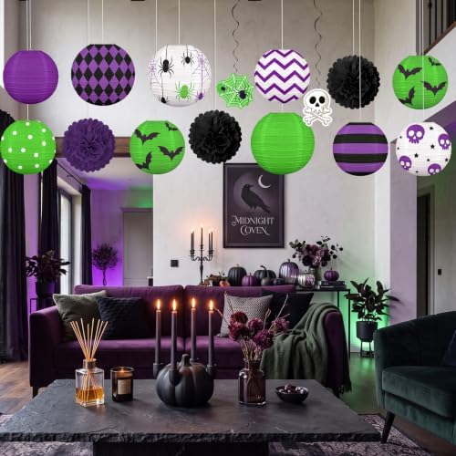 ‎Renbuzhu 15PCS Halloween Decorations Paper Lanterns Green Purple Set
