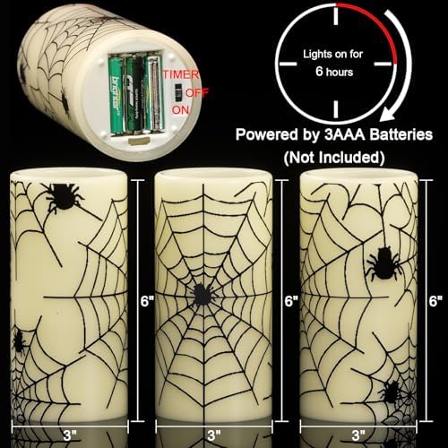 Spider Cobweb Halloween LED Flameless Pillar Candles with 6H Timer
