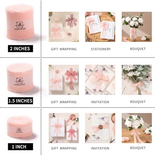 DORIS HOME Handmade Frayed Fringe Chiffon Ribbon 1" x 21Yd Blush Pink