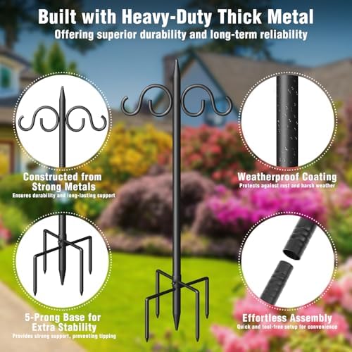 Double Shepherds Hooks for Outdoor, 76 Inch Heavy Duty Bird Feeder Pole with 5 Prongs Base, Adjustable Shepherds Hook for Bird Feeder, Garden, Weddings, Hanging Plant, 2 Pack