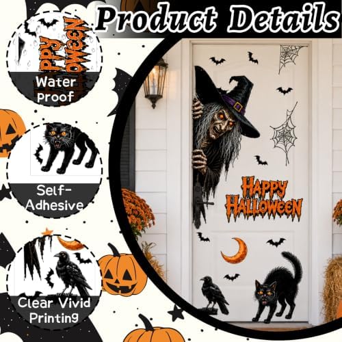 44.88 x 15.75 in Halloween Door Decals Giant Witch Cat Stickers