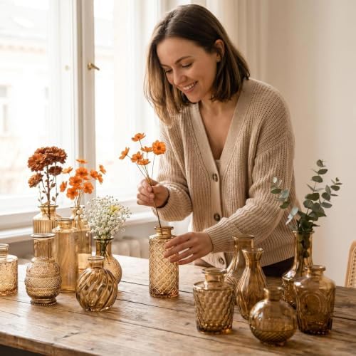 Mini Bud Vases As Wedding Centerpieces for Tables,Clear Bud Vases for Flowers,Small Flower Vases Suitable for Birthday Party,Anniversary,Wedding Reception,Baby Shower (Amber, 24PCS)