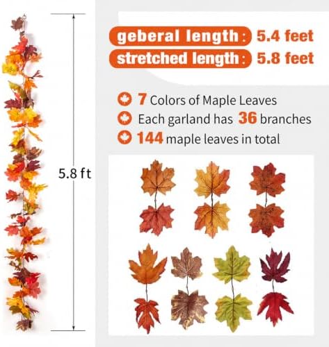 KASZOO 4 Pack Fall Maple Garland with 80 LED String Light- 5.8ft/Piece Artificial Fall Foliage Garland Autumn Decor for Home Wedding Party