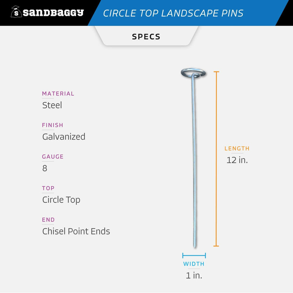 Sandbaggy 12 Inch Rust-Free Circle Top Pins | Industrial Grade 8 Gauge Galvanized Steel | Great for Hard & Rocky Soil