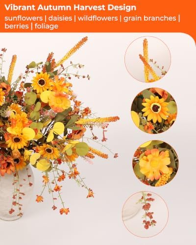 6-Pack Fall Stems Artificial Arrangement Flowers Bouquet Decoration Eucalyptus Leaves Autumn Harvest Home Décor Silk Sunflowers Daisy Grain Berries