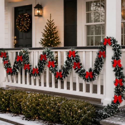 Dilunave Christmas Tinsel Garland with Red Bows,Bow Style,19.7 Feet