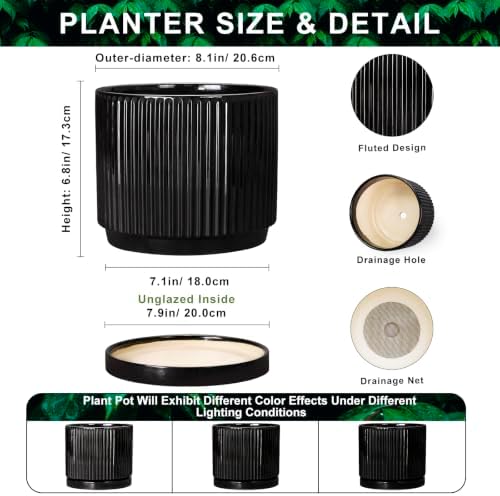 8 Inch Planter, Ceramic Pots for Plants, Round Plant Pot, Black