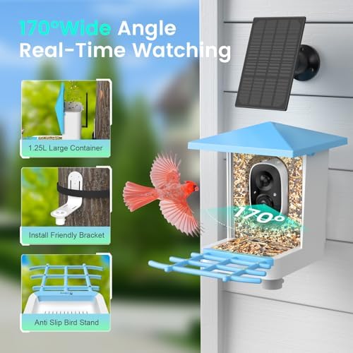 Solar Smart Bird Feeder with Camera, 2.5K HDR Live Video, AI Bird ID